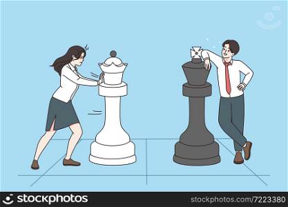 Business strategy and competition concept. Business people woman and man standing and playing chess with chess figures during rivalry vector illustration . Business strategy and competition concept.