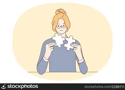 Business strategy and efforts concept. Young smiling business woman sitting and getting together pieces of one puzzle vector illustration . Business strategy and efforts concept.