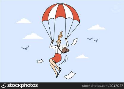 Business strategy and evacuation concept. Smiling positive business woman flying down with papers holding red white parachute in sky vector illustration . Business strategy and evacuation concept