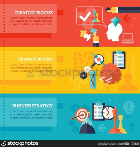 Business Strategy Banners Set. Business strategy horizontal banners set with creative process and brainstorming symbols flat isolated vector illustration
