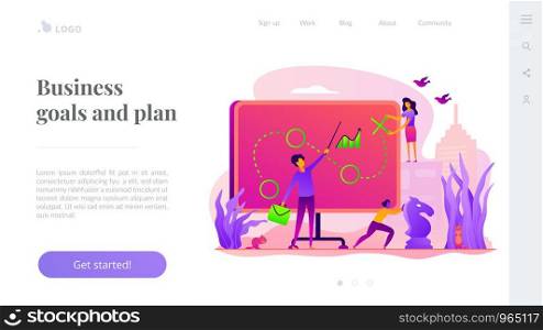 Business strategy, business goals and plan, business achievement and successful development. Website homepage interface UI template. Landing web page with infographic concept hero header image.. Business strategy landing page template.