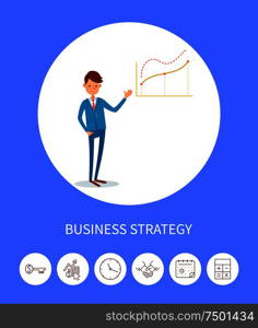Business strategy, businessman with charts, isolated icons vector. Key and clock, calendar with dates, schedule financial profit increasing diagram. Business Strategy, Businessman with Charts Icons
