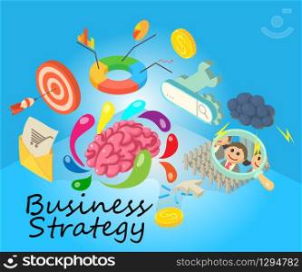 Business strategy concept banner. Isometric banner of business strategy vector concept for web, giftcard and postcard. Business strategy concept banner, isometric style