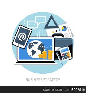 Business strategy concept. Concept of workplace with smartphone, laptop, briefcase and different office objects