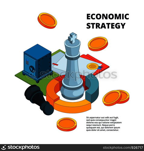 Business strategy concept. Corporate success planning and management symbols new level target chess figures vector isometric. Isometric chess king, plan intelligence financial illustration. Business strategy concept. Corporate success planning and management symbols new level target chess figures vector isometric