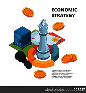 Business strategy concept. Corporate success planning and management symbols new level target chess figures vector isometric. Isometric chess king, plan intelligence financial illustration. Business strategy concept. Corporate success planning and management symbols new level target chess figures vector isometric