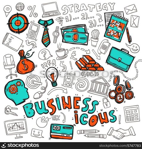 Business strategy concept icons design with target profit graphic stock exchange money abstract doodle sketch vector illustration