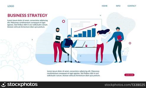 Business Strategy Design Landing Page for Data Analysis. People Interact with Charts and Analyze Statistics. Seo Male Female Analytics Team for Optimization and Development. Vector Flat Illustration. Business Strategy Landing Page for Data Analysis