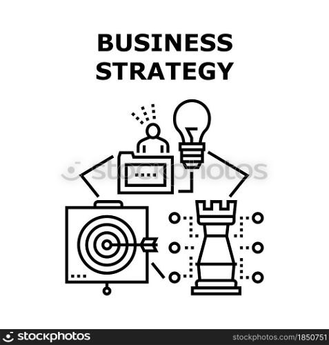 Business Strategy Idea Vector Icon Concept. Thinking And Planning Business Strategy Idea, Analyzing And Success Achievement. Businessman Professional Occupation And Work Black Illustration. Business Strategy Idea Concept Black Illustration