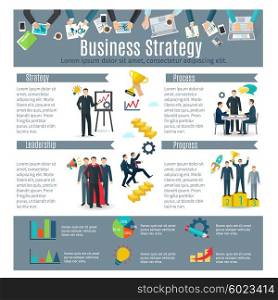 Business Strategy Infographic Set . Business strategy infographic set with process and progress symbols flat vector illustration