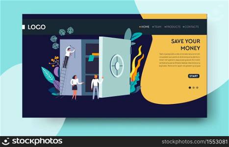Business strategy Internet site template save money landing web page vector banking businessman and safe abstract plants earning and profit gaining successful entrepreneurship saving account. Save money landing web page business strategy
