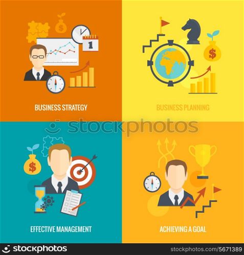 Business strategy planning icon flat set with effective management achieving a goal isolated vector illustration