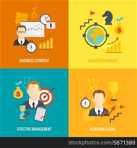 Business strategy planning icon flat set with effective management achieving a goal isolated vector illustration