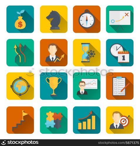 Business strategy planning icon flat with to-do list activity analysis investments isolated vector illustration