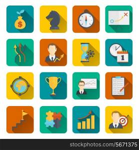 Business strategy planning icon flat with to-do list activity analysis investments isolated vector illustration