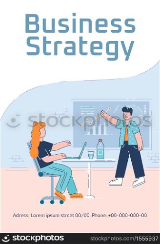 Business strategy poster template. Company development plan. Commercial flyer design with semi flat illustration. Business courses vector cartoon promo card. Analytical agency advertising invitation. Business strategy poster template