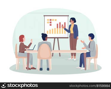 Business strategy presentation 2D vector isolated illustration. Corporate meeting. Conference flat characters on cartoon background. Colorful editable scene for mobile, website, presentation. Business strategy presentation 2D vector isolated illustration