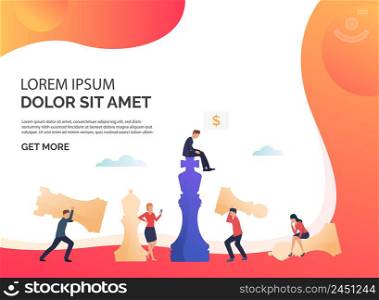 Business strategy red presentation illustration. Businessman and businesswoman playing chess. Business strategy concept. Vector illustration can be used for topics like business, competition. Business strategy red presentation illustration