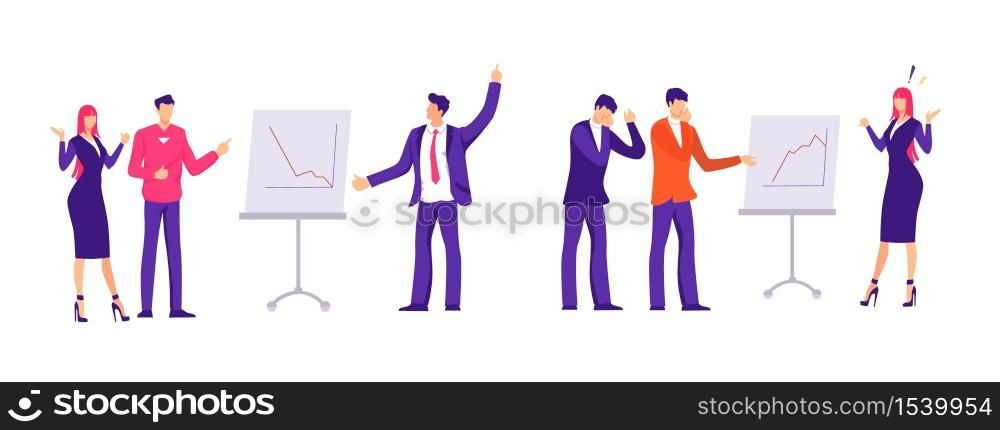 Business strategy sales shedule planning in officce. Marketing analysis research investment project presentation flat vector businesspeople team discussing infographics illustration.. Business strategy sales shedule planning in officce. Marketing analysis research investment project presentation.