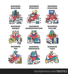 Business Strategy Set Icons Vector Illustrations. Business Center Building Insurance And Coaching Employers, Unique And Failure, Administration And Yoga Exercise Training Color Illustrations. Business Strategy Set Icons Vector Illustrations