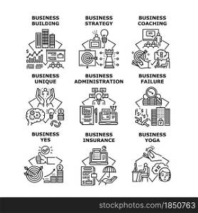 Business Strategy Set Icons Vector Illustrations. Business Center Building Insurance And Coaching Employers, Unique And Failure, Administration And Yoga Exercise Training Black Illustration. Business Strategy Set Icons Vector Illustrations