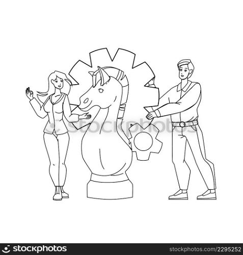 Business Strategy Thinking Man And Woman Black Line Pencil Drawing Vector. Young Boy And Girl Businesspeople Couple With Horse Chess Figure Planning Strategy Or Play Game. Characters Illustration. Business Strategy Thinking Man And Woman Vector