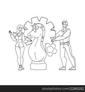 Business Strategy Thinking Man And Woman Black Line Pencil Drawing Vector. Young Boy And Girl Businesspeople Couple With Horse Chess Figure Planning Strategy Or Play Game. Characters Illustration. Business Strategy Thinking Man And Woman Vector