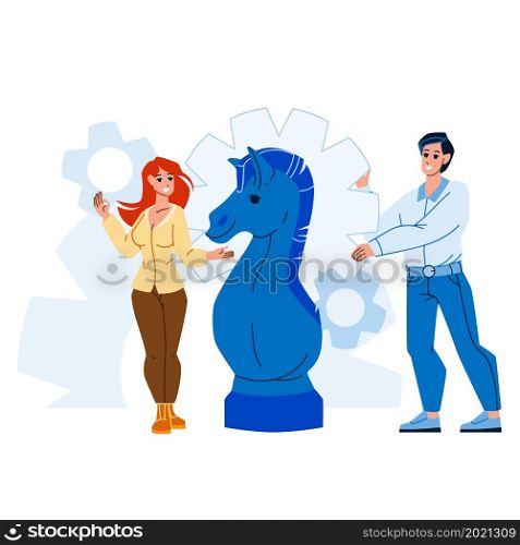 Business Strategy Thinking Man And Woman Vector. Young Boy And Girl Businesspeople Couple With Horse Chess Figure Planning Strategy Or Play Game. Characters Flat Cartoon Illustration. Business Strategy Thinking Man And Woman Vector