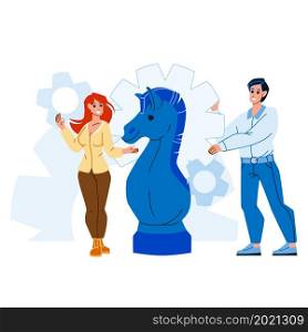 Business Strategy Thinking Man And Woman Vector. Young Boy And Girl Businesspeople Couple With Horse Chess Figure Planning Strategy Or Play Game. Characters Flat Cartoon Illustration. Business Strategy Thinking Man And Woman Vector