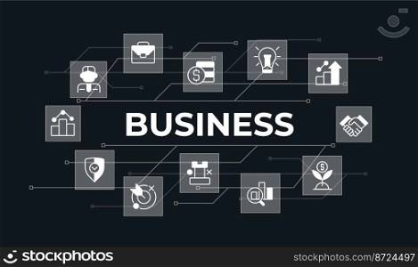 Business strategy word concept design template with icons. Infographics with text and editable white glyph pictograms. Vector illustration for web banner, presentation. Montserrat font used. Business strategy word concept design template with icons