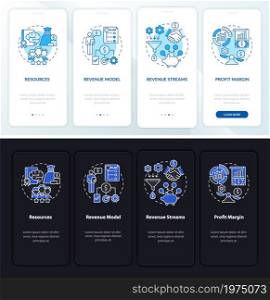 Business structure essentials onboarding mobile app page screen. Company walkthrough 4 steps graphic instructions with concepts. UI, UX, GUI vector template with night and day mode illustrations. Business structure essentials onboarding mobile app page screen