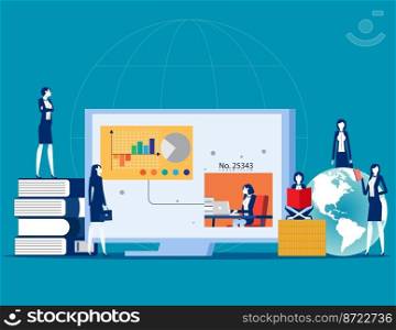 Business student are studying around a large computer monitor. Business vector concept
