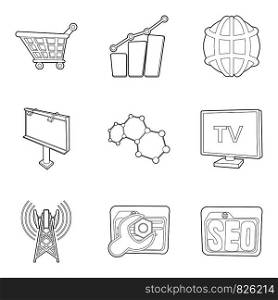 Business studio icons set. Outline set of 9 business studio vector icons for web isolated on white background. Business studio icons set, outline style
