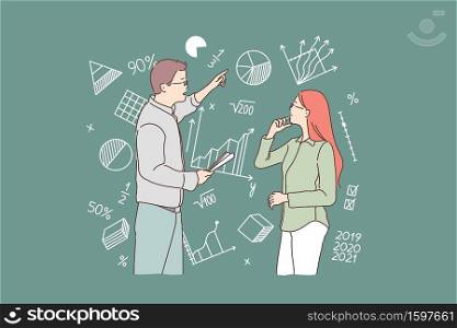 Business, study, strategy, question, teamwork concept. Young man and woman, businessmen or teachers decides task, plan. Team of economists analyze variable data. New idea. Flat simple vector.. Business, study, strategy, question, teamwork concept.