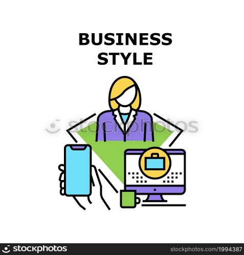 Business Style Vector Icon Concept. Business Style Of Businessman And Businesswoman Clothes, Modern Smartphone And Computer Interface. Digital Gadget Stylish Design Color Illustration. Business Style Vector Concept Color Illustration