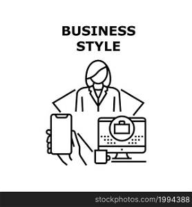 Business Style Vector Icon Concept. Business Style Of Businessman And Businesswoman Clothes, Modern Smartphone And Computer Interface. Digital Gadget Stylish Design Black Illustration. Business Style Vector Concept Black Illustration