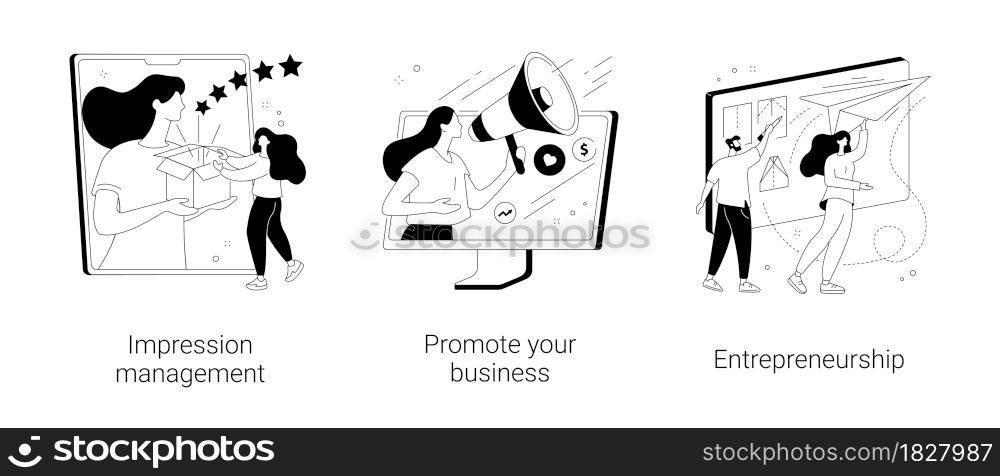 Business success abstract concept vector illustration set. Impression management, promote your business, entrepreneurship, personal brand strategy, social interaction and influence abstract metaphor.. Business success abstract concept vector illustrations.