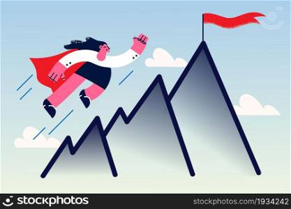 Business success, achievement, result concept. Young smiling business woman superhero cartoon character in red cape flying up to mountain peak with flag vector illustration . Business success, achievement, result concept