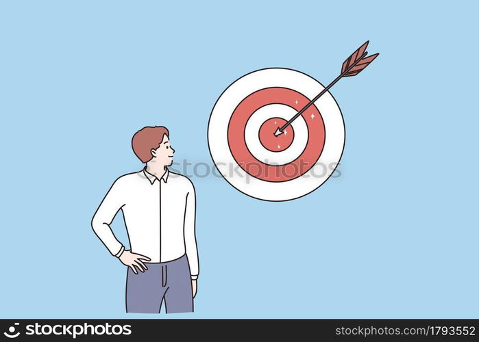 Business success, achieving goal, leadership concept. Young smiling businessman cartoon character standing looking at darts game with reached center arrow vector illustration . Business success, achieving goal, leadership concept