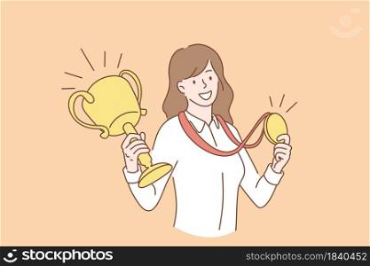 Business success and achievement concept. Young smiling business woman cartoon character standing holding golden medal and first prize trophy in hands vector illustration . Business success and achievement concept
