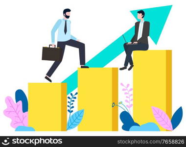 Business success and achievement in field vector, man with briefcase. Boss working on computer looking at screen, developer programmer or coder, charts. Businessman Walking Up Growing Infochart Vector