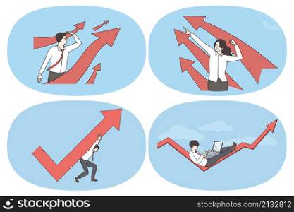 Business success and development concept. Set of business people looking ahead with developing work strategy enjoying development trying hard to save business vector illustration. Business success and development concept
