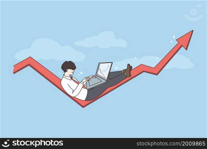 Business success and development concept. Young businessman sitting on arrow up meaning corporate development and increasing with laptop vector illustration . Business success and development concept.