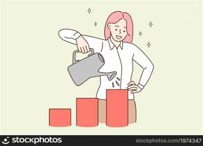 Business success and development concept. Young smiling woman cartoon character standing watering growing cubes with watering can vector illustration . Business success and development concept
