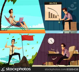 Business success and failure concept 2 retro cartoon banners with money rain and frustration isolated vector illustration . Business Success Failure Cartoon Banners