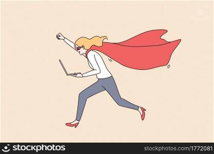 Business success and leadership concept. Young smiling positive businesswoman cartoon character running with laptop with raised hand and superman costume vector illustration . Business success and leadership concept.