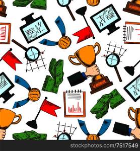 Business success and leadership seamless pattern background with colorful sketches of computer monitors and notebooks with growing financial graphs and bundles of money, winner trophy cups, champion first place golden medals and red flags. Business success and leadership seamless pattern