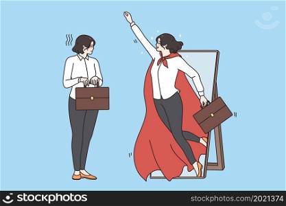 Business success and superpower concept. Young business woman with case standing looking at mirror and seeing hero super woman wearing red cape flying up vector illustration . Business success and superpower concept.