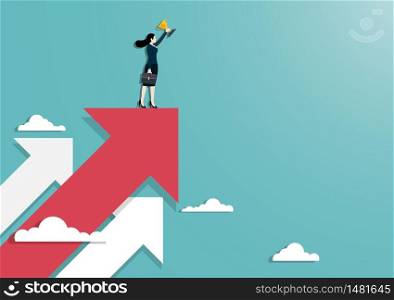 Business success and target, Businesswoman holding trophy cup standing on the red arrow pointing up go to success in career. Concept business, Achievement, Character, Leader, Vector illustration flat