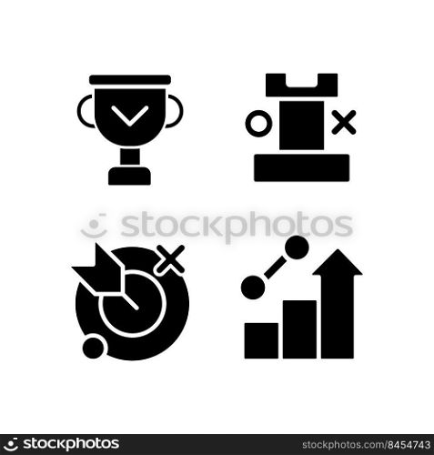 Business success black glyph icons set on white space. Achievements and development. Company winning strategy. Silhouette symbols. Solid pictogram pack. Vector isolated illustration. Business success black glyph icons set on white space